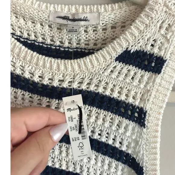 Madewell Crochet-Knit Crewneck Sweater Tank In Bright Ivory Navy Size Small - Picture 4 of 6